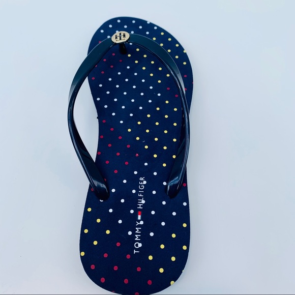 Tommy Hilfiger Flip Flop Navy/Color dots/Gold Sz 7 - Picture 8 of 12